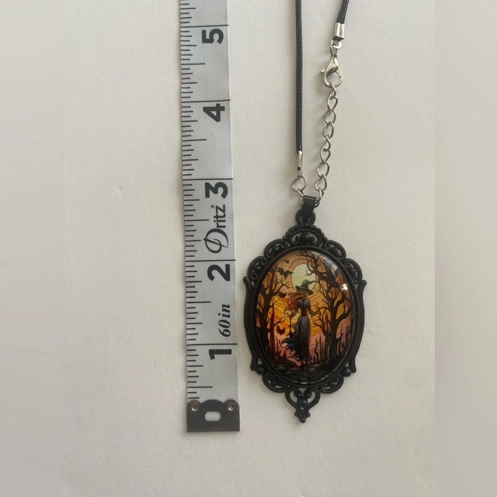 Retro Style Bat Witch Pendant Cameo Black Pendant  Necklace Gothic Glass Pendant
